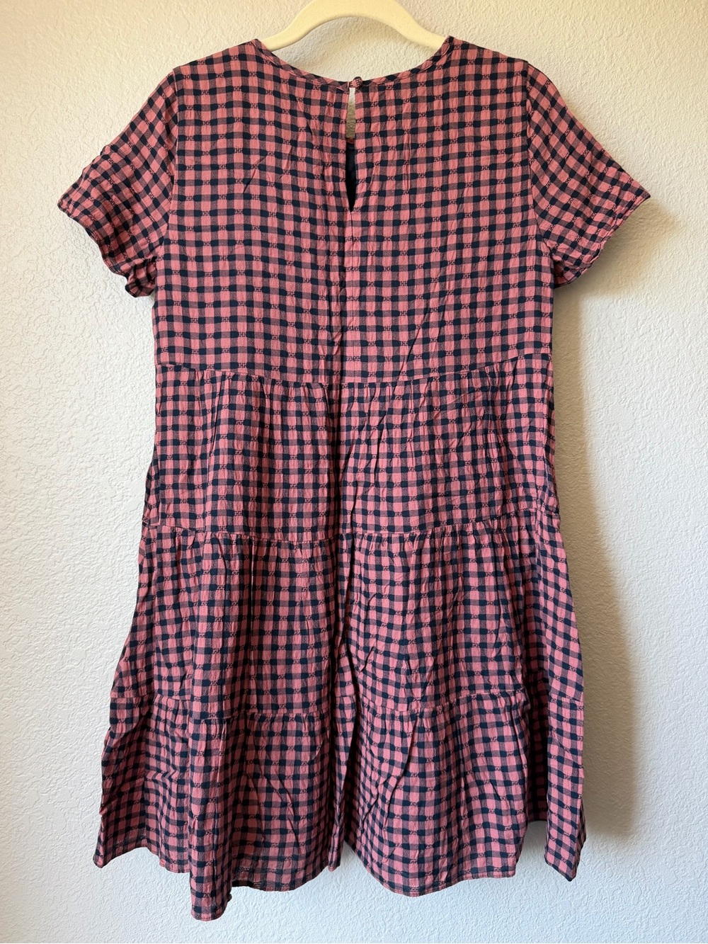 Madewell Short Sleeve Tiered Mini Dress Pink Navy Gingham Check, Like New, XS - Picture 6 of 16